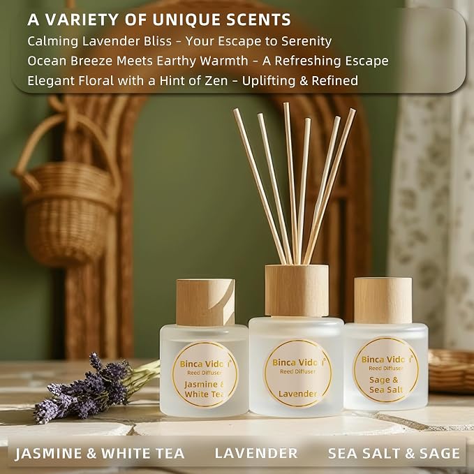 Reed Diffuser Set of 3, Lavender, Jasmine & White Tea, Sage & Sea Salt Natural Scent Oil Diffusers with Sticks for Home