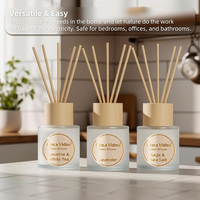 Reed Diffuser Set of 3, Lavender, Jasmine & White Tea, Sage & Sea Salt Natural Scent Oil Diffusers with Sticks for Home