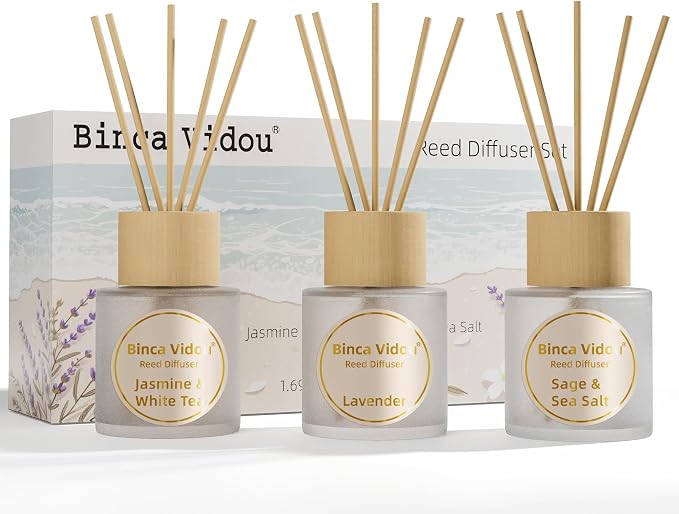 Reed Diffuser Set of 3, Lavender, Jasmine & White Tea, Sage & Sea Salt Natural Scent Oil Diffusers with Sticks for Home