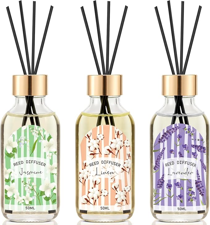 Reed Diffuser Set of 3 - Linen Lavender Jasmine Oil Diffuser with 15 Sticks, Reed Diffusers for Home Bathroom Shelf Air