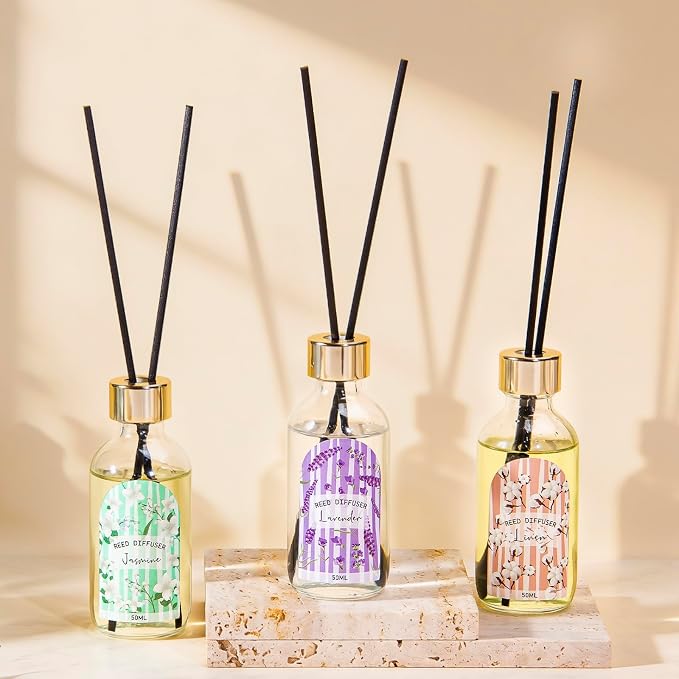 Reed Diffuser Set of 3 - Linen Lavender Jasmine Oil Diffuser with 15 Sticks, Reed Diffusers for Home Bathroom Shelf Air