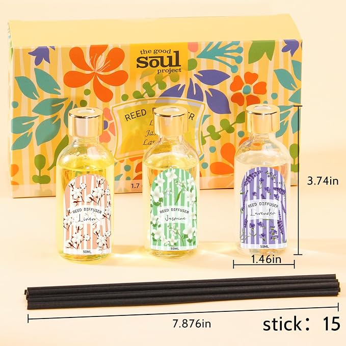 Reed Diffuser Set of 3 - Linen Lavender Jasmine Oil Diffuser with 15 Sticks, Reed Diffusers for Home Bathroom Shelf Air