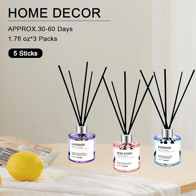 Reed Diffuser Set of 3 Pack,50ML Lavender Rose Gardenia Scented Oil Diffuser with 5 Sticks,Home Fragrance Reed Diffuser for