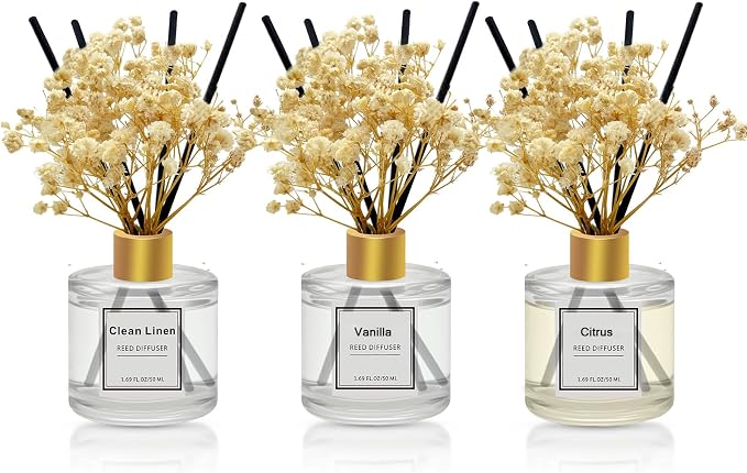 Reed Diffuser Set of 3 Pack,Clean Linen,Vanilla,Citrus Scented Oil Diffuser with 4 Sticks,Reed Diffusers for Home,Living