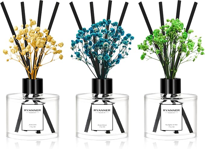 Reed Diffuser Set of 3 Pack,Fresh Linen/Ocean Breeze/Eucalyptus & Mint Scented Oil Diffuser with Sticks(1.7 fl oz Each