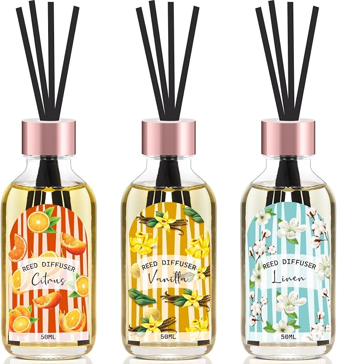 Reed Diffuser Set of 3 Pack, Linen Vanilla Citrus Scented Oil Diffuser with 15 Sticks, Reed Diffusers for Home, Bathroom Air