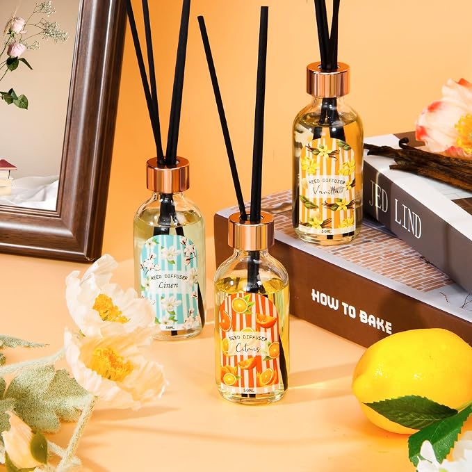 Reed Diffuser Set of 3 Pack, Linen Vanilla Citrus Scented Oil Diffuser with 15 Sticks, Reed Diffusers for Home, Bathroom Air