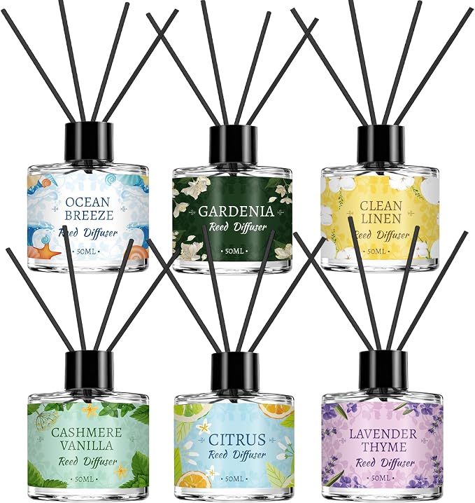 Reed Diffuser Set of 6 Pack, Home Fragrance Reed Diffuser with 24 Sticks, Scented Essential Oil Air Freshener for Home