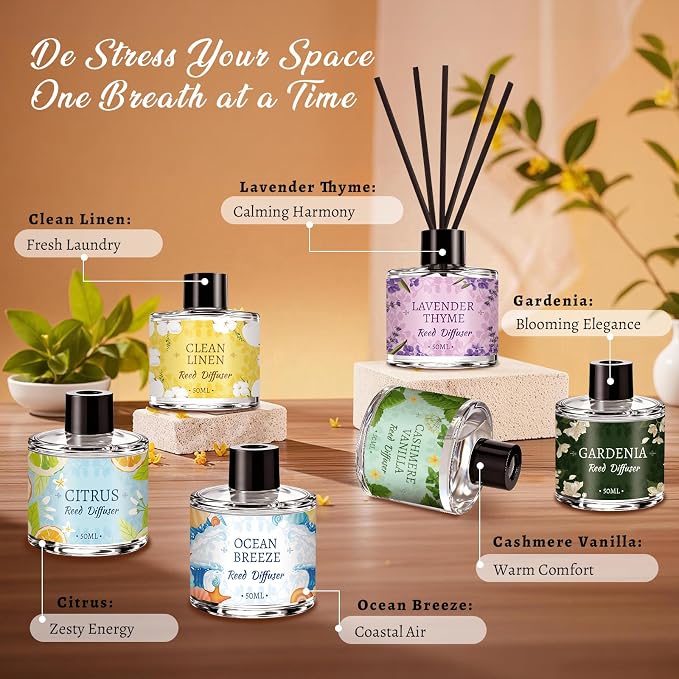 Reed Diffuser Set of 6 Pack, Home Fragrance Reed Diffuser with 24 Sticks, Scented Essential Oil Air Freshener for Home