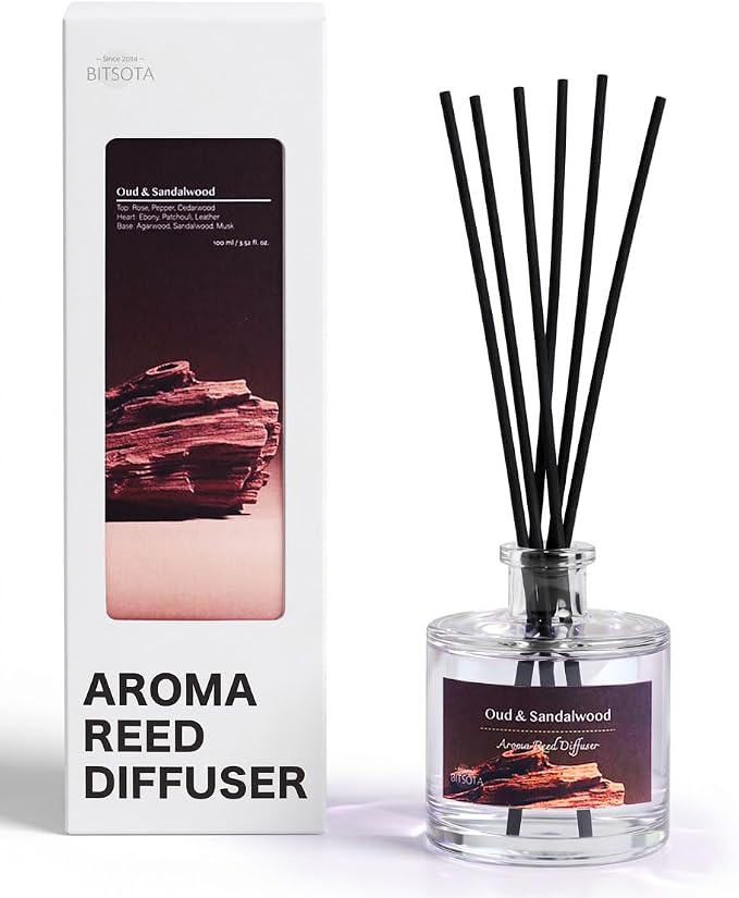Reed Diffuser Set, Oud & Sandalwood 3.52 oz (100ml) Scented Diffuser with Sticks Home Fragrance Reed Diffuser for Bathroom