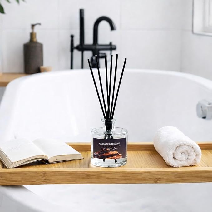 Reed Diffuser Set, Oud & Sandalwood 3.52 oz (100ml) Scented Diffuser with Sticks Home Fragrance Reed Diffuser for Bathroom