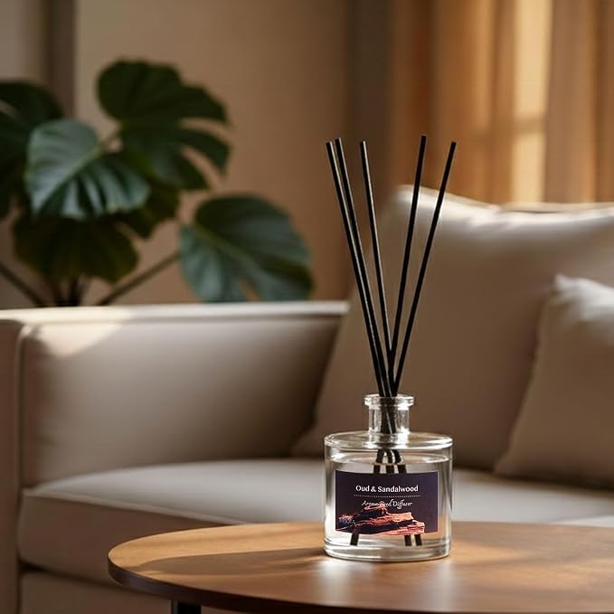 Reed Diffuser Set, Oud & Sandalwood 3.52 oz (100ml) Scented Diffuser with Sticks Home Fragrance Reed Diffuser for Bathroom
