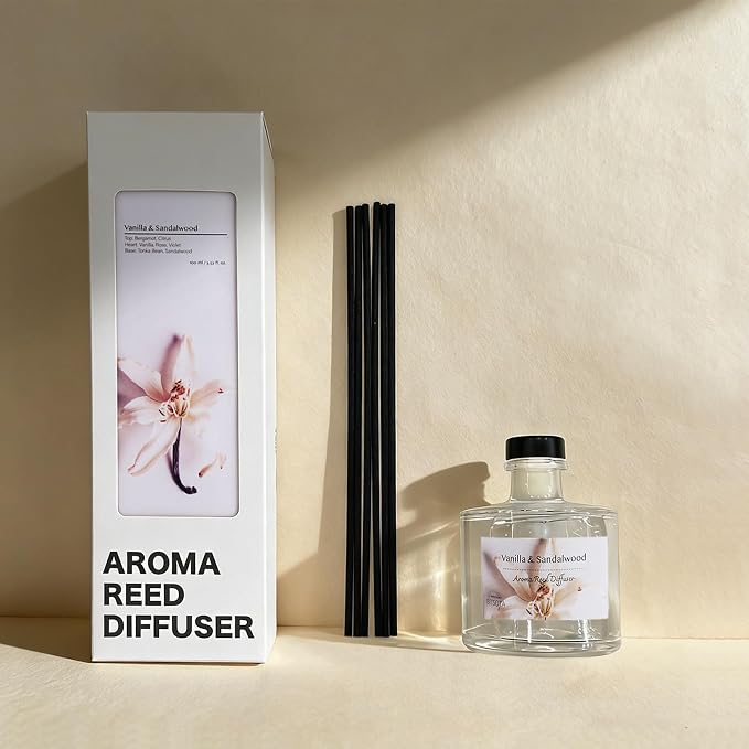 Reed Diffuser Set, Oud & Sandalwood 3.52 oz (100ml) Scented Diffuser with Sticks Home Fragrance Reed Diffuser for Bathroom