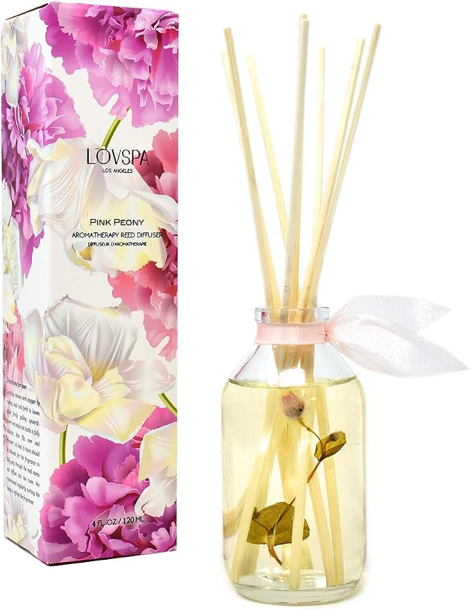 Reed Diffuser Set, Pink Peony Scented Oil Diffuser with Sticks, Home Fragrance Accessories for Bathroom Shelf Decor, product