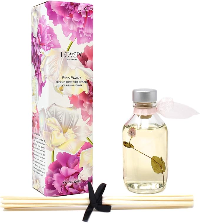 Reed Diffuser Set, Pink Peony Scented Oil Diffuser with Sticks, Home Fragrance Accessories for Bathroom Shelf Decor