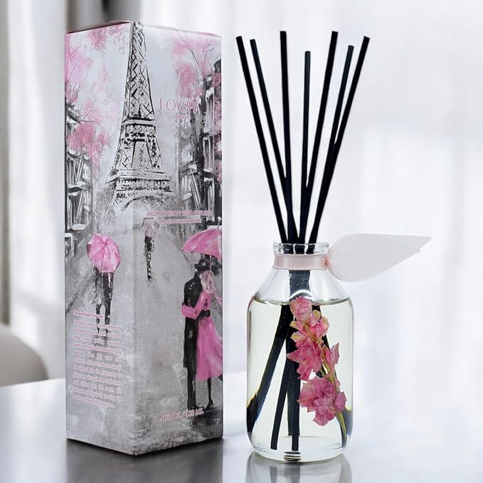Reed Diffuser Set, Pink Tuberose Scented Oil Diffuser with Sticks, Home Fragrance Accessories for Bathroom Shelf Decor