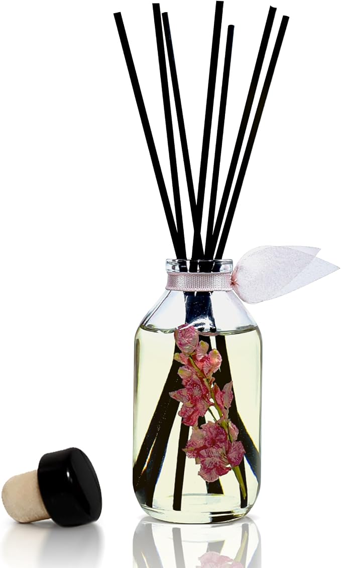 Reed Diffuser Set, Pink Tuberose Scented Oil Diffuser with Sticks, Home Fragrance Accessories for Bathroom Shelf Decor