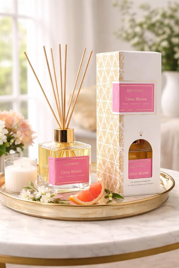 Reed Diffuser Set, Reusable, Refillable Glass Vessel Includes 8 Reed Sticks, Flame Free, Luxury Home Decor Fragance