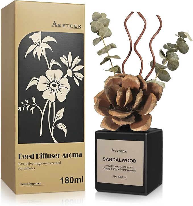 Reed Diffuser Set, Sandalwood & Cedarwood Scented Oil with Dried Flowers, 6.09 Fl Oz(180ml) Long Lasting Air Freshener with