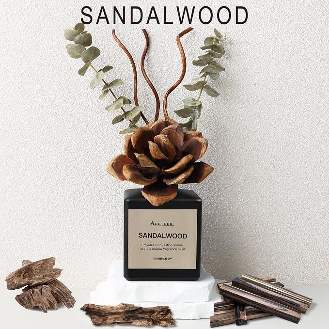 Reed Diffuser Set, Sandalwood & Cedarwood Scented Oil with Dried Flowers, 6.09 Fl Oz(180ml) Long Lasting Air Freshener with