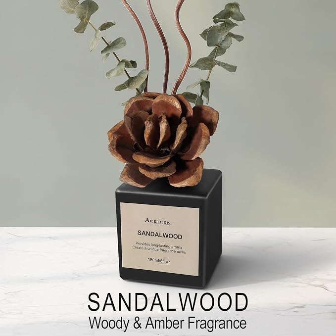 Reed Diffuser Set, Sandalwood & Cedarwood Scented Oil with Dried Flowers, 6.09 Fl Oz(180ml) Long Lasting Air Freshener with