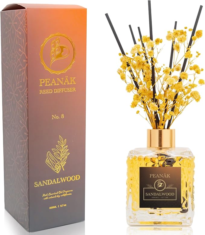 Reed Diffuser Set - Sandalwood Orange Oil, Oil Diffuser Sticks, Bathroom Diffuser, Bathroom Decor, 200ml with Preserved