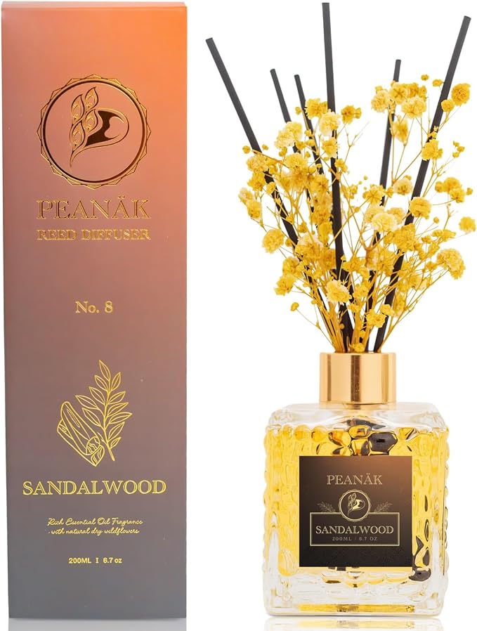 Reed Diffuser Set - Sandalwood Orange Oil, Oil Diffuser Sticks, Bathroom Diffuser, Bathroom Decor, 200ml with Preserved
