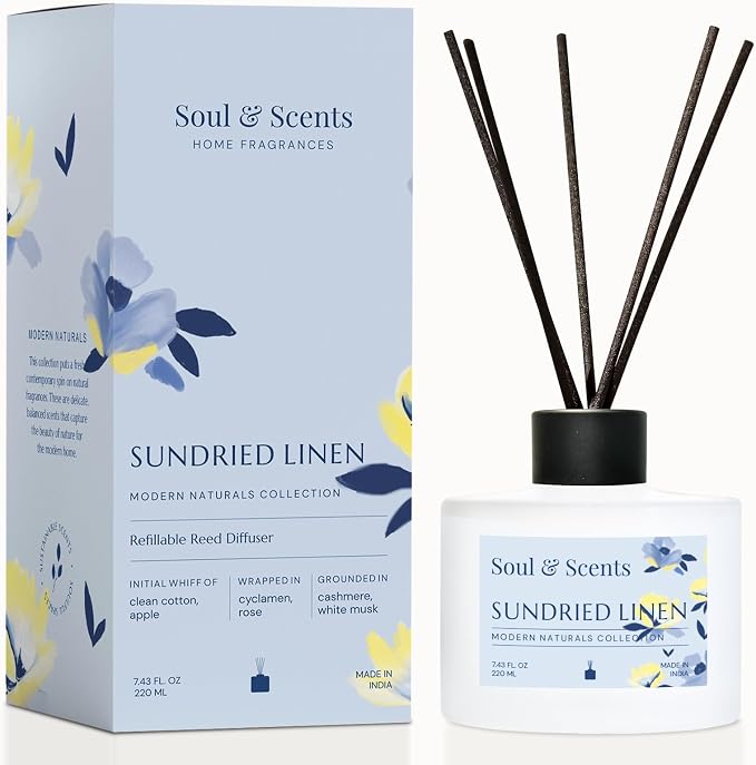 Reed Diffuser Set – Sundried Linen | 7.43 oz Refillable Scented Oil with 6 Fiber Sticks | Long-Lasting Home Fragrance & Air