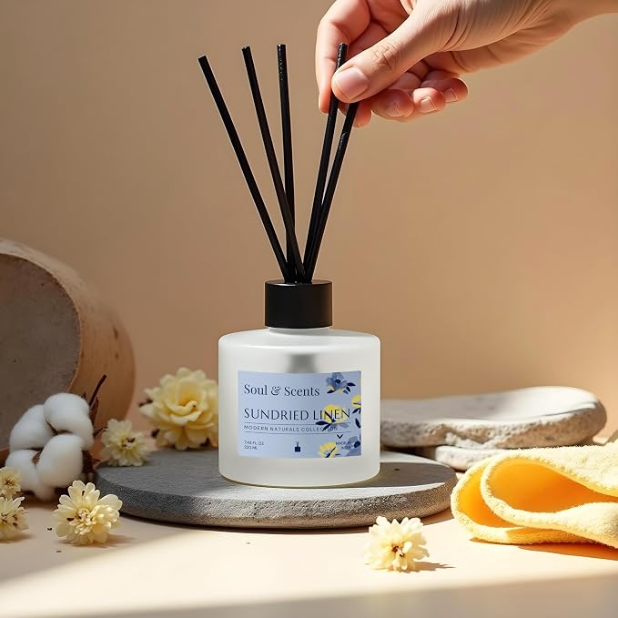 Reed Diffuser Set – Sundried Linen | 7.43 oz Refillable Scented Oil with 6 Fiber Sticks | Long-Lasting Home Fragrance & Air