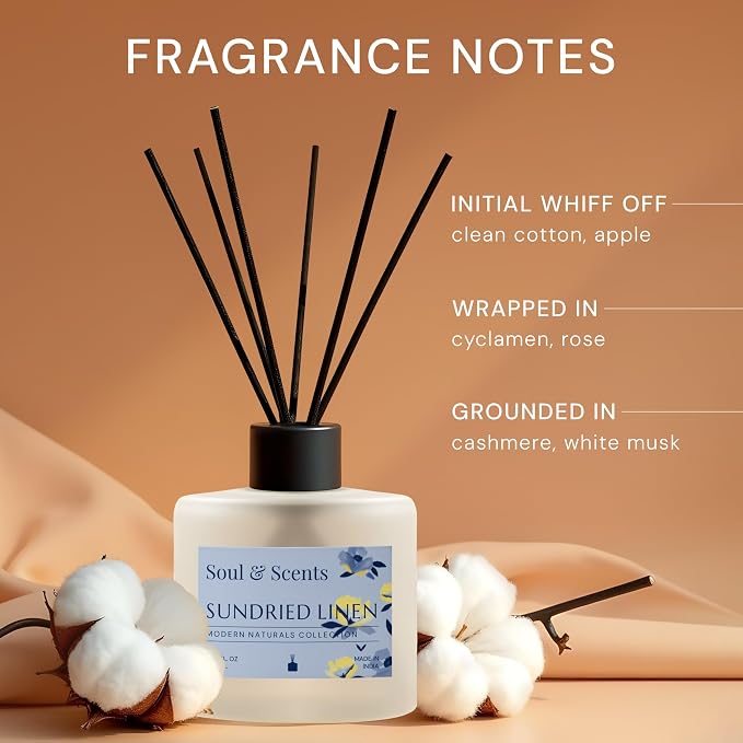 Reed Diffuser Set – Sundried Linen | 7.43 oz Refillable Scented Oil with 6 Fiber Sticks | Long-Lasting Home Fragrance & Air