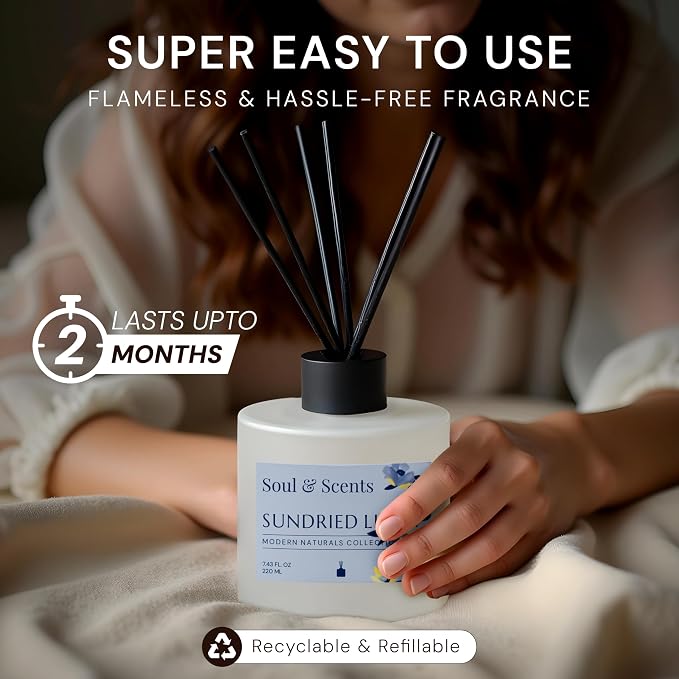 Reed Diffuser Set – Sundried Linen | 7.43 oz Refillable Scented Oil with 6 Fiber Sticks | Long-Lasting Home Fragrance & Air