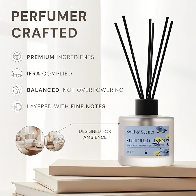 Reed Diffuser Set – Sundried Linen | 7.43 oz Refillable Scented Oil with 6 Fiber Sticks | Long-Lasting Home Fragrance & Air