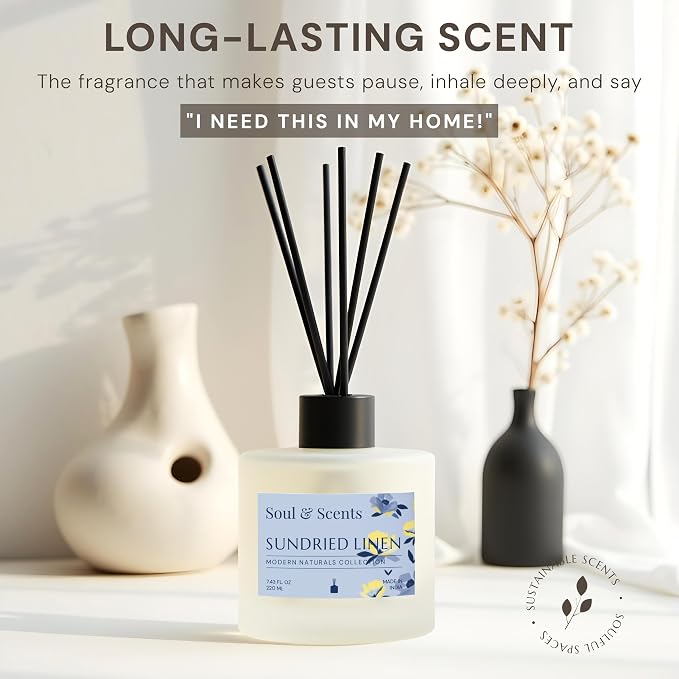 Reed Diffuser Set – Sundried Linen | 7.43 oz Refillable Scented Oil with 6 Fiber Sticks | Long-Lasting Home Fragrance & Air