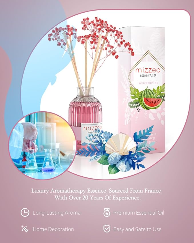 Reed Diffuser Set, Watermelon 6.76 fl oz Highly Scented Room Diffuser Home Fragrance Essential Oil Reed Flower Diffuser