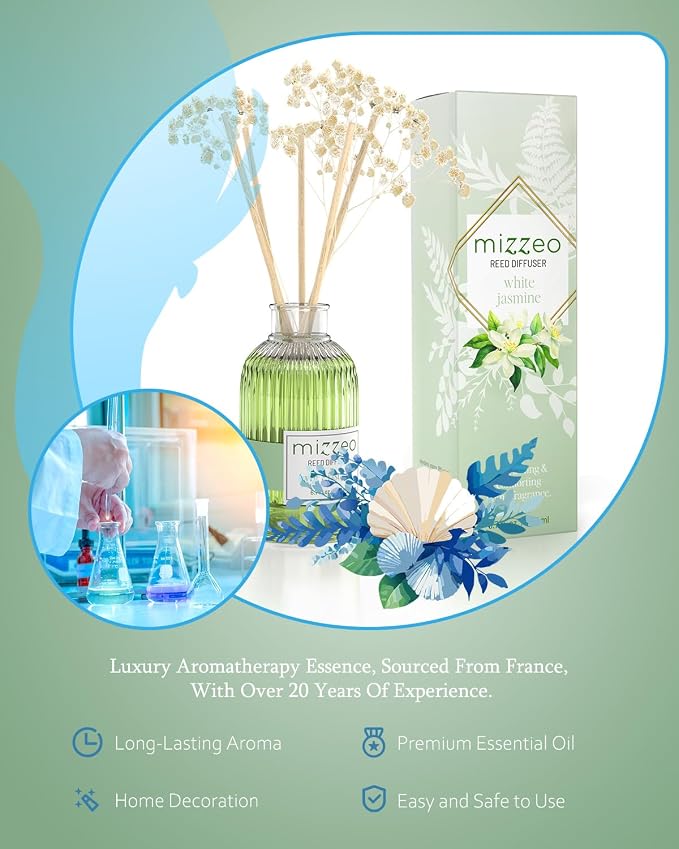 Reed Diffuser Set, White Jasmine 6.76 fl oz Highly Scented Room Diffuser Home Fragrance Essential Oil Reed Flower Diffuser