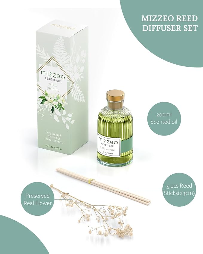 Reed Diffuser Set, White Jasmine 6.76 fl oz Highly Scented Room Diffuser Home Fragrance Essential Oil Reed Flower Diffuser