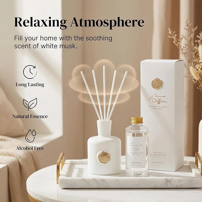 Reed Diffuser Set-White Musk-Strong Scent,Long-Lasting Evaporation with Natural Reed Sticks & Essential Oils, alternate