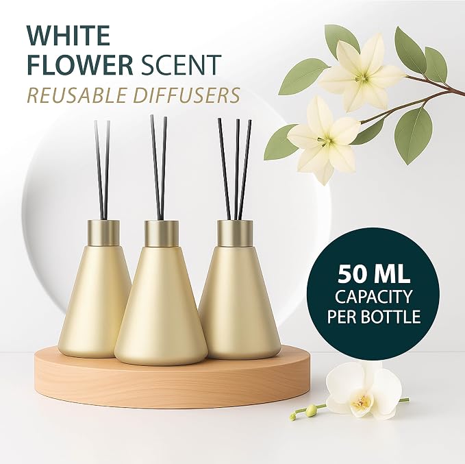 Reed Diffuser Sets (50ml) - 3 Pack White Flower Scent Bathroom Diffuser, Elegant Reed Diffuser for Shelf Decor, alternate