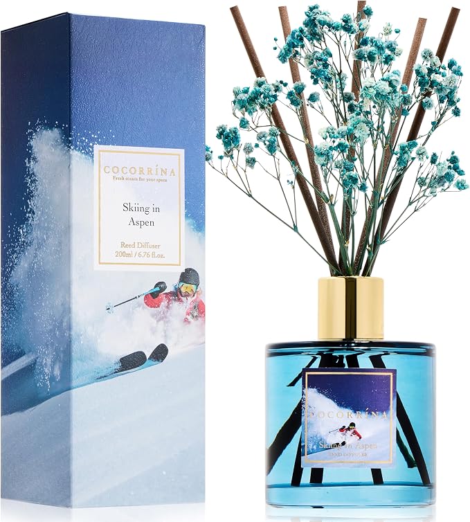 Reed Diffuser - Skiing in Aspen Reed Diffuser Set with 8 Sticks & Preserved Baby's Breath, product image