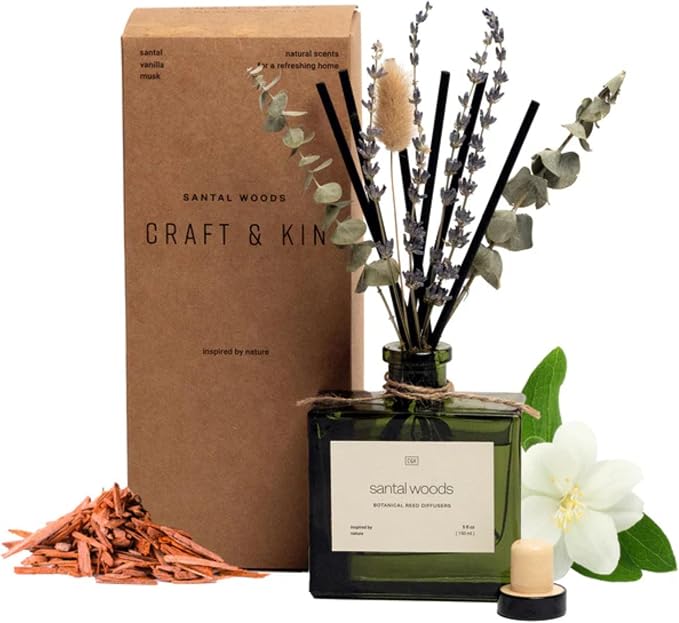 Reed Diffuser with Dried Flowers | 5 oz Santal Woods Scented Reed Diffusers for Home, product image
