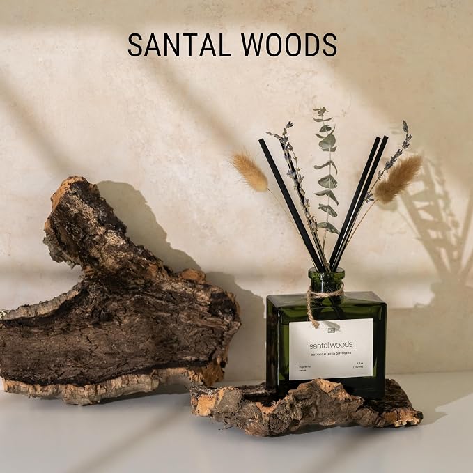 Reed Diffuser with Dried Flowers | 5 oz Santal Woods Scented Reed Diffusers for Home, alternate product view 2