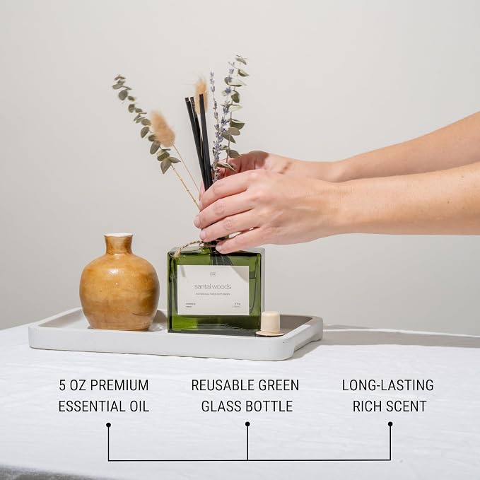 Reed Diffuser with Dried Flowers | 5 oz Santal Woods Scented Reed Diffusers for Home, alternate product view 3