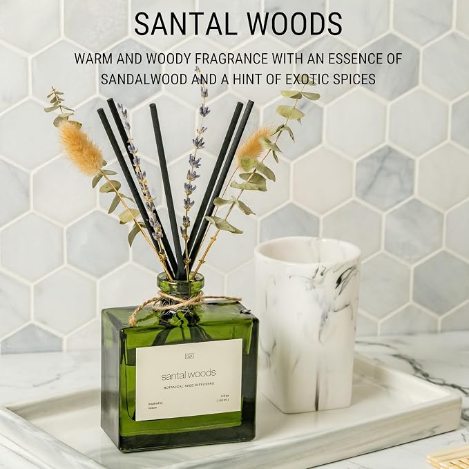 Reed Diffuser with Dried Flowers | 5 oz Santal Woods Scented Reed Diffusers for Home, alternate product view 4