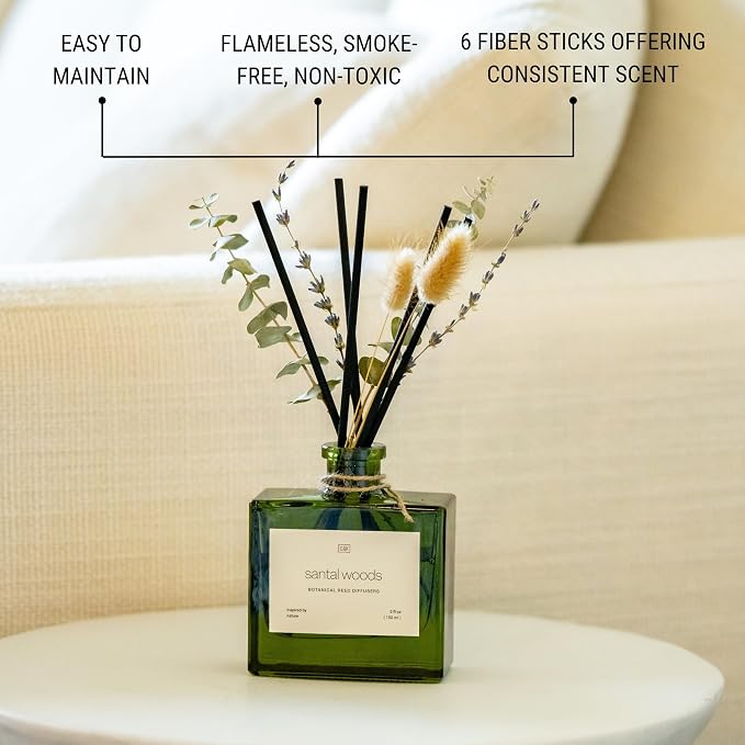 Reed Diffuser with Dried Flowers | 5 oz Santal Woods Scented Reed Diffusers for Home, alternate product view 6