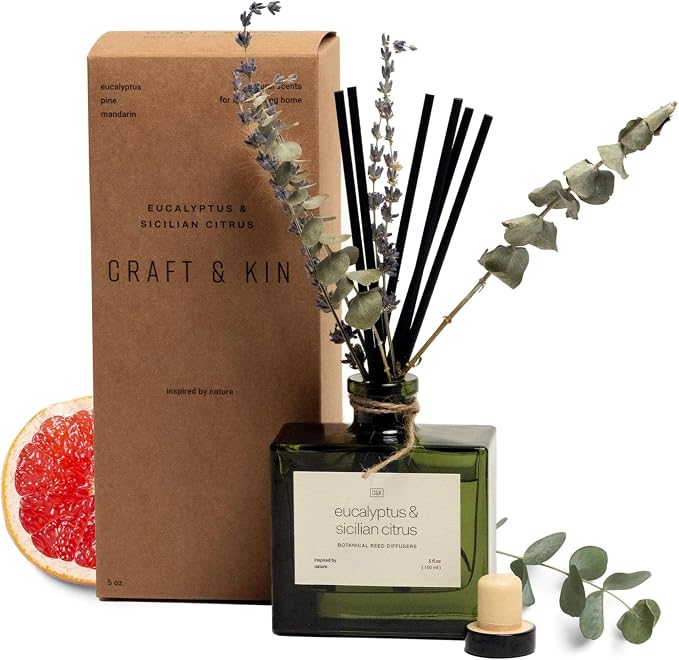 Reed Diffuser with Dried Flowers | 5 oz Sicilian Citrus & Eucalyptus Scented Fall Reed Diffusers for Home, product image