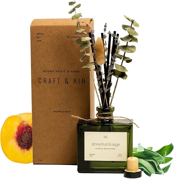 Reed Diffuser with Dried Flowers | 5 oz Stone Fruit & Sage Scented Holiday Reed Diffusers for Home, product image