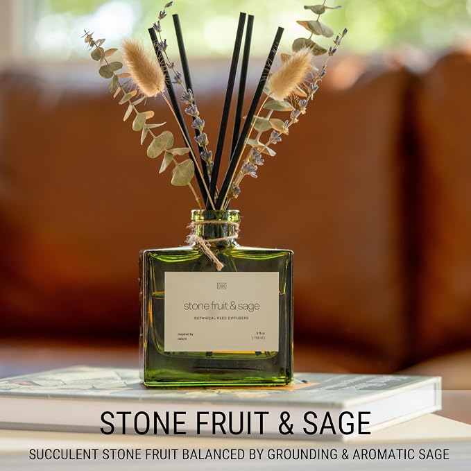 Reed Diffuser with Dried Flowers | 5 oz Stone Fruit & Sage Scented Holiday Reed Diffusers for Home, alternate product view 3