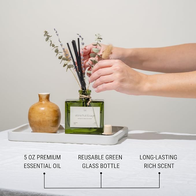 Reed Diffuser with Dried Flowers | 5 oz Stone Fruit & Sage Scented Holiday Reed Diffusers for Home, alternate product view 4
