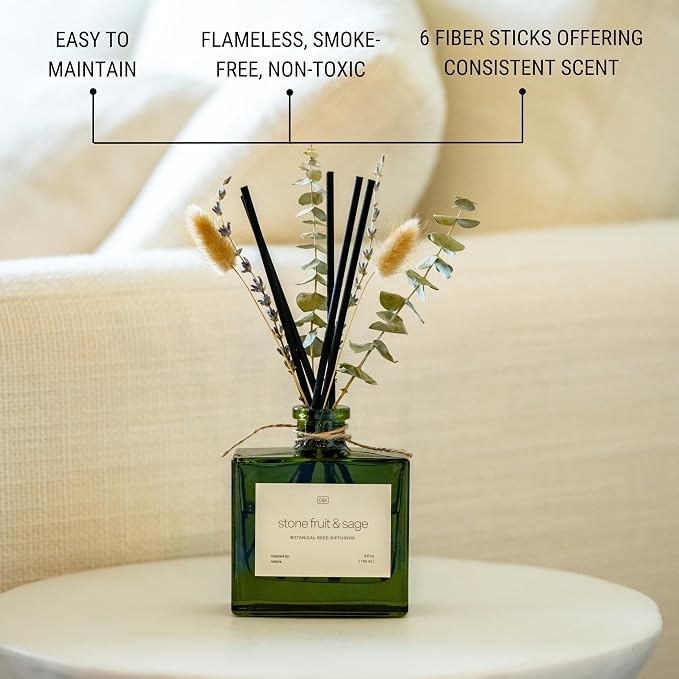 Reed Diffuser with Dried Flowers | 5 oz Stone Fruit & Sage Scented Holiday Reed Diffusers for Home, alternate product view 6