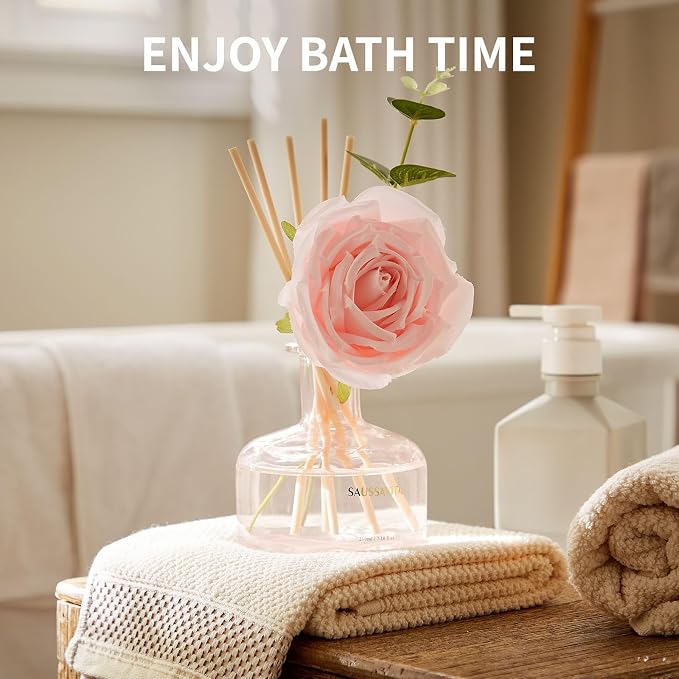 Reed Diffusers Set Rose Scent, Reed Diffuser for 120 Days, Diffusers for Home Pink Bottle,Bathroom Diffuser with 7 Sticks